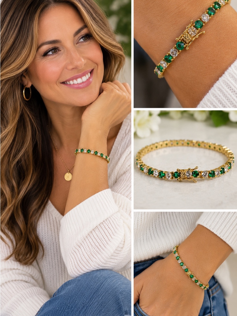 Vintage 925 Vermeil Emerald & Quartz Bracelet